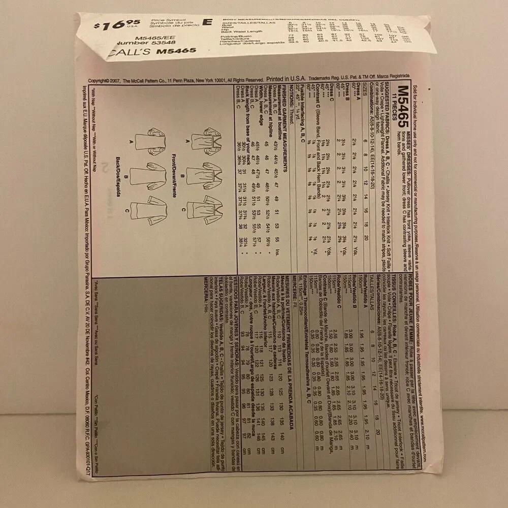 #M5465 McCalls Misses Dress Sewing Pattern Size 14-20
